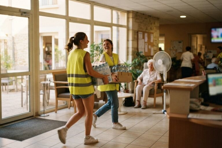 Deux jeunes en gilet jaune portent des packs d'eau dans un hall d'accueil, près d'une résidente assise devant un ventilateur