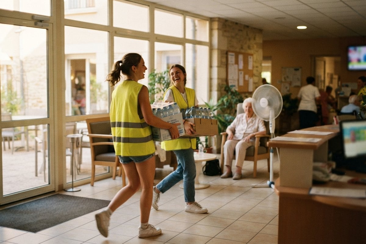 Deux jeunes en gilet jaune portent des packs d'eau dans un hall d'accueil, près d'une résidente assise devant un ventilateur
