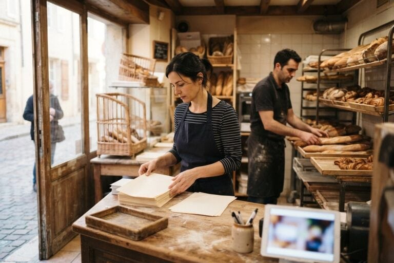 Dans une boulangerie, une femme en tablier trie des feuilles blanches sur le comptoir pendant qu'un homme range des pains.