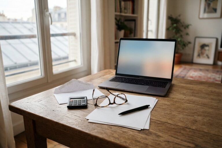 Table en bois près d'une fenêtre avec une enveloppe ouverte, des feuilles blanches, une calculatrice et des lunettes