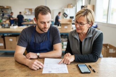 Un travailleur en tablier et une accompagnatrice examinent un bulletin de paie sur une table d'atelier, un smartphone à côté
