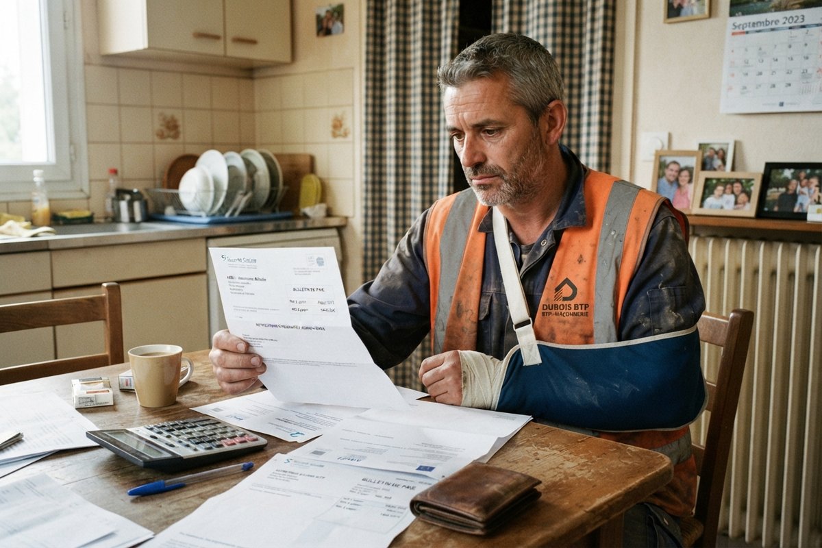 Ouvrier en gilet orange, le bras en écharpe, examinant des bulletins de paie à une table de cuisine avec une calculatrice