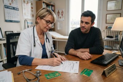 Médecin généraliste remplissant un formulaire face à un patient, cartes Vitale et calendrier d'octobre 2026 sur le bureau