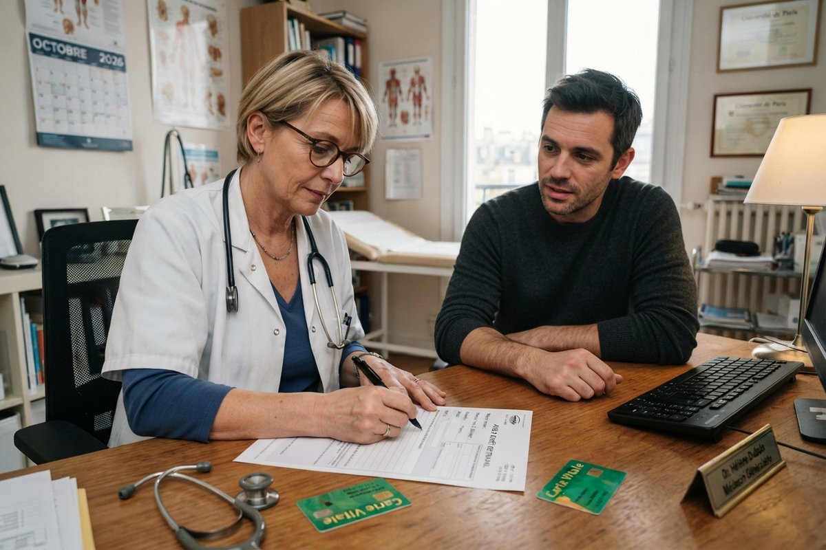 Médecin généraliste remplissant un formulaire face à un patient, cartes Vitale et calendrier d'octobre 2026 sur le bureau