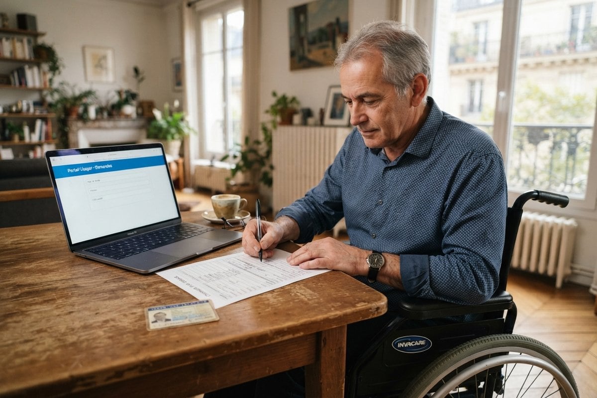 Homme en fauteuil roulant remplissant un formulaire papier à une table, une carte et un ordinateur portable à côté