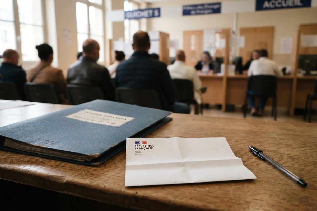 Dossier bleu, lettre à en-tête République française et stylo sur un bureau, salle d'attente de préfecture au fond