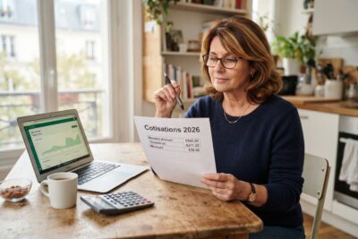 Femme à lunettes lisant un courrier intitulé Cotisations 2026 à une table de cuisine, près d'un ordinateur portable