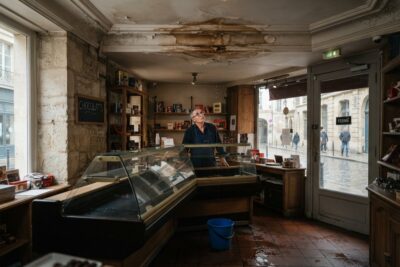 Commerçant regardant une tache d'humidité et un plafond écaillé dans sa boutique de chocolats, un seau bleu au sol