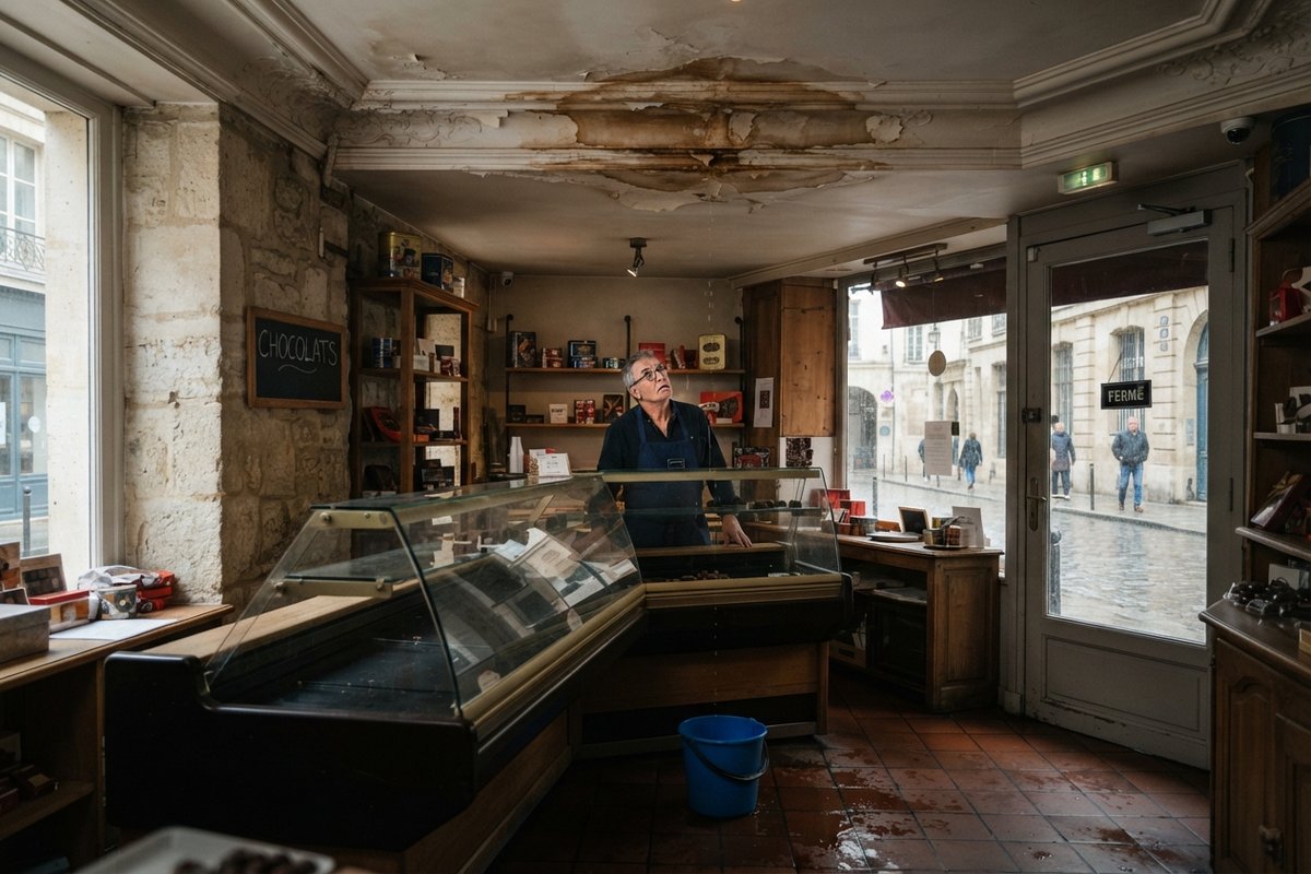 Commerçant regardant une tache d'humidité et un plafond écaillé dans sa boutique de chocolats, un seau bleu au sol