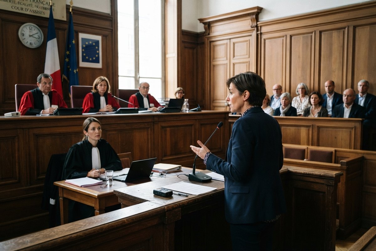 Une femme témoigne au micro devant une cour d'assises, face aux magistrats en robe rouge et à une avocate.