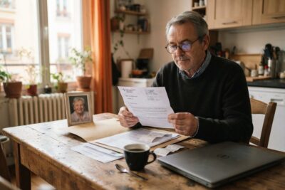 Homme âgé lisant un courrier à la table de sa cuisine, une photo encadrée d'une femme posée près de lui