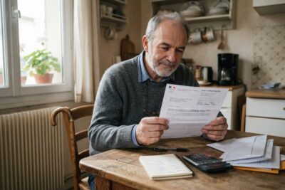 Homme d'une soixantaine d'années lisant un courrier administratif à la table de sa cuisine, calculatrice et carnet devant lui