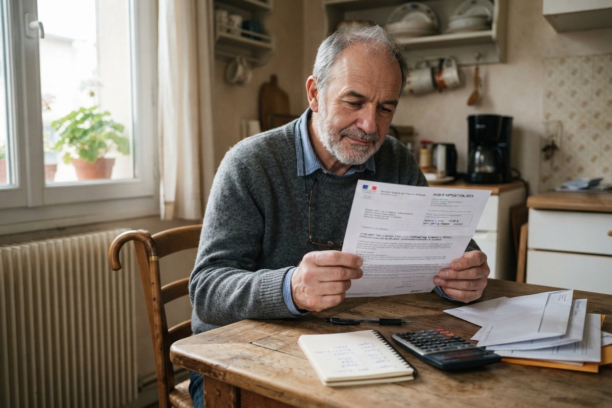 Homme d'une soixantaine d'années lisant un courrier administratif à la table de sa cuisine, calculatrice et carnet devant lui