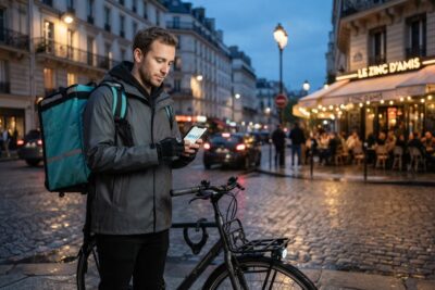 Livreur à vélo avec un sac isotherme turquoise consultant son smartphone dans une rue pavée de Paris au crépuscule