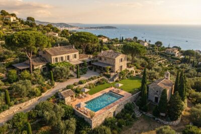 Vue aérienne d'une propriété avec deux maisons en pierre, une chapelle, une piscine et un jardin dominant la mer