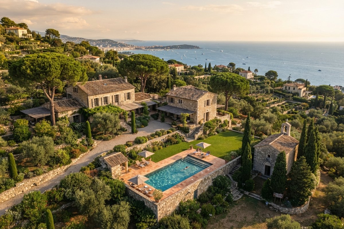 Vue aérienne d'une propriété avec deux maisons en pierre, une chapelle, une piscine et un jardin dominant la mer