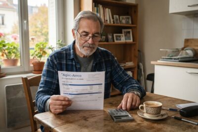 Retraité à lunettes lisant un décompte de paiement Agirc-Arrco à une table de cuisine, calculatrice et café devant lui