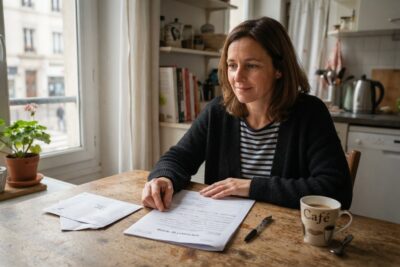 Femme assise à une table de cuisine, la main posée sur un formulaire imprimé, une enveloppe et une tasse de café à côté