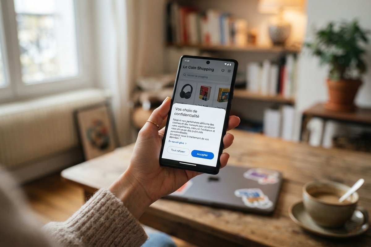 Main tenant un smartphone affichant une fenêtre « Vos choix de confidentialité » avec les boutons Tout refuser et Accepter