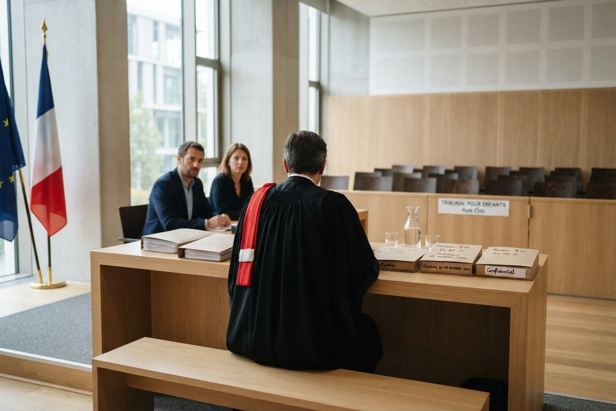 Magistrat en robe noire vu de dos face à deux personnes, dans une salle d'audience vide signalée tribunal pour enfants