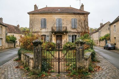 Maison en pierre aux volets clos derrière un portail en fer forgé fermé par une chaîne, au bord d'une rue pavée