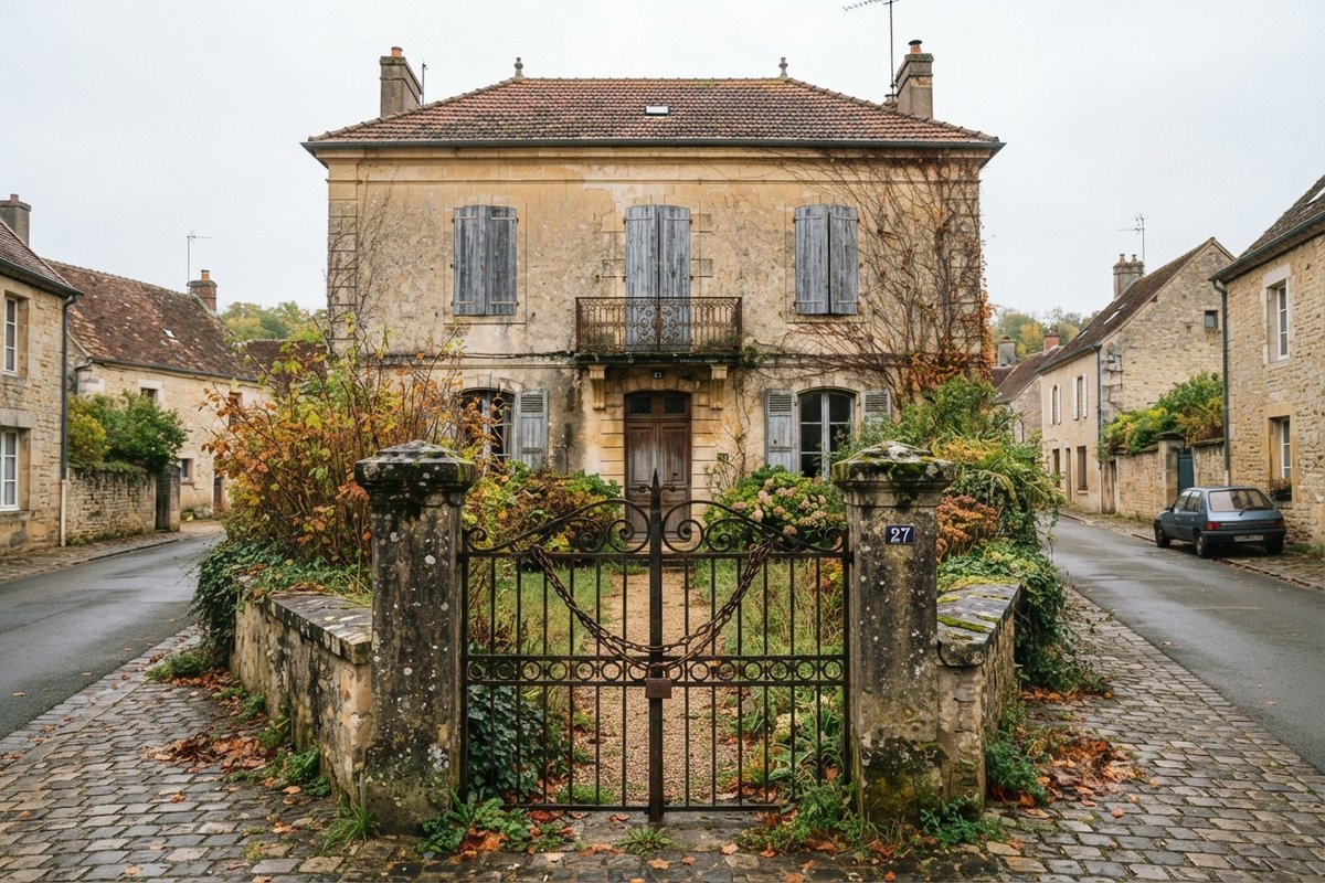 Maison en pierre aux volets clos derrière un portail en fer forgé fermé par une chaîne, au bord d'une rue pavée