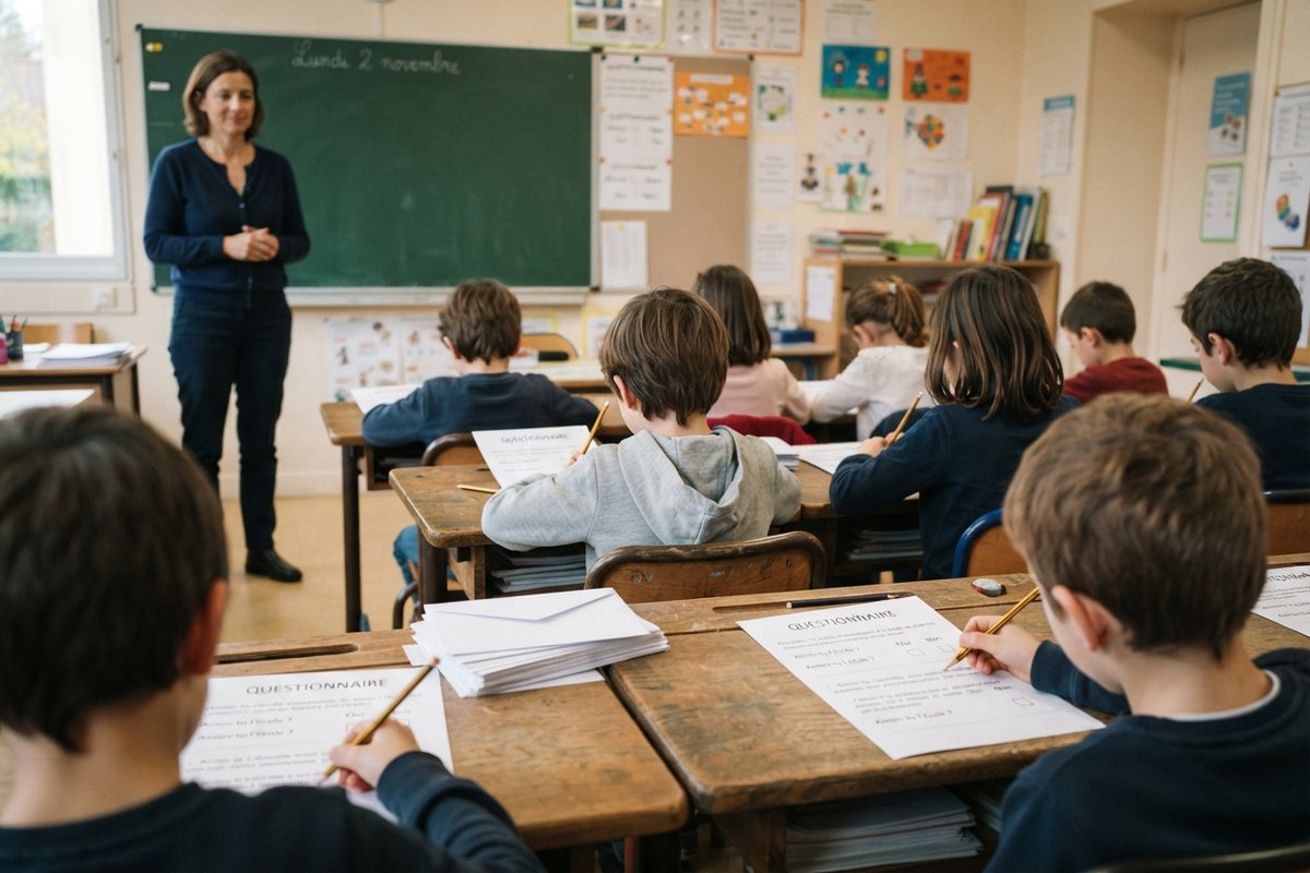 Élèves d'école primaire remplissant un questionnaire papier en classe, enveloppes blanches sur un pupitre, enseignante au tableau